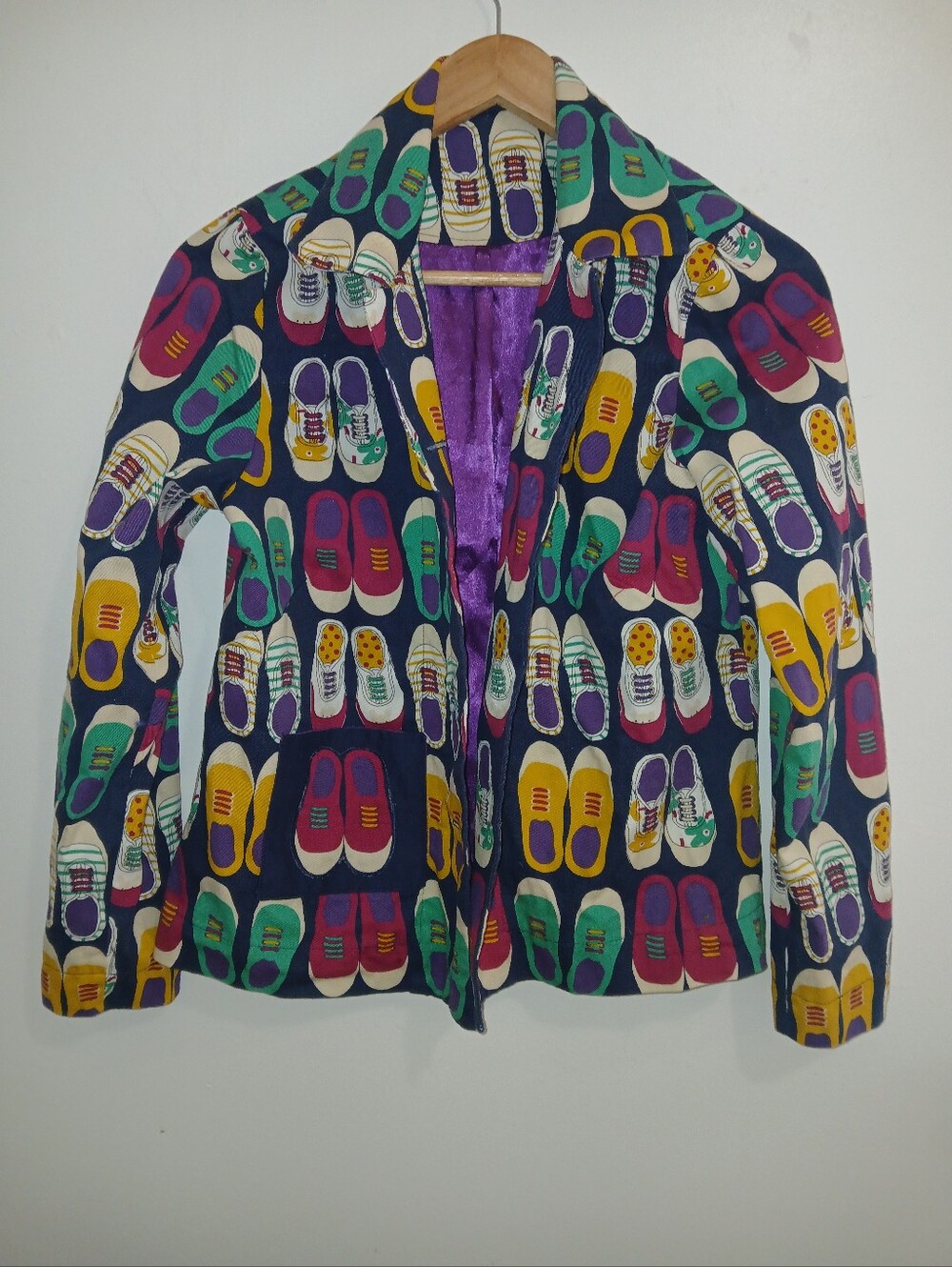 Quirky Handmade Colorful Sneaker Print  Blazer S- Navy, Yellow, Purple, Teal